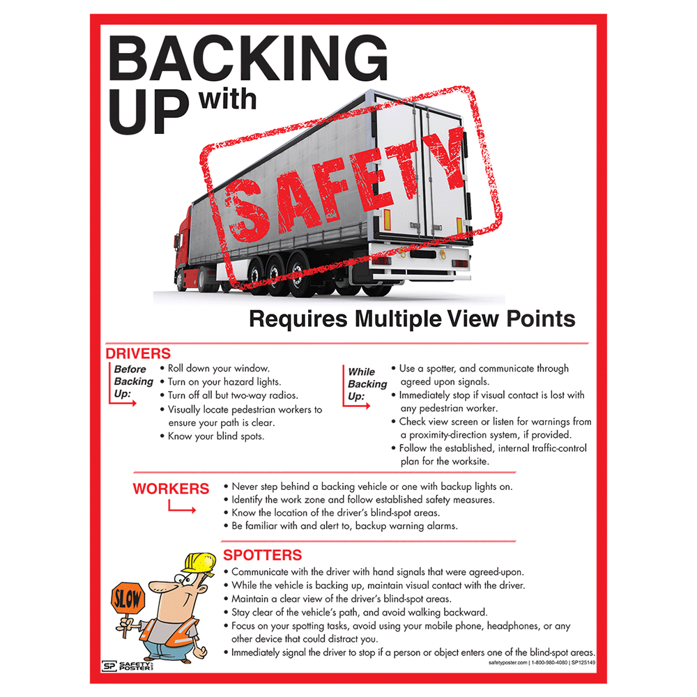 Safety posters remind drivers, workers and spotters of safety precautions