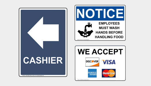 Directional, safety and customer service signs for food service areas