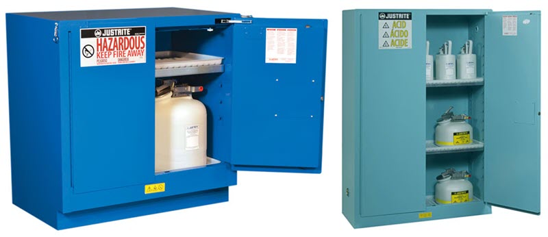 Safety cabinets like these are the correct way to store hazardous chemicals.