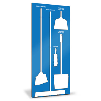 Blue and white Clean-and-Sweep tool shadow board for 5S organization