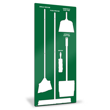 Green and white Clean-and-Sweep tool shadow board for 5S organization