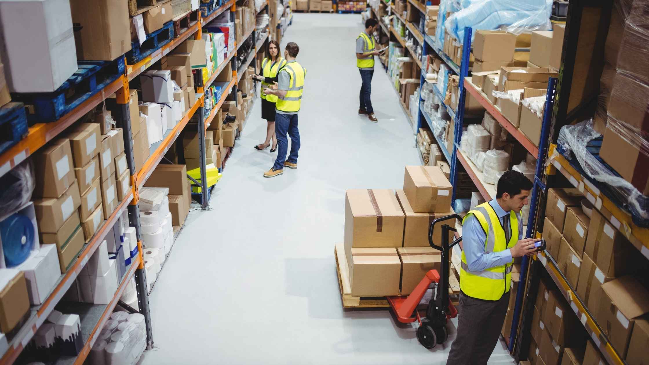 Organized warehouse with floor markings and labeled storage areas demonstrating 5S basics