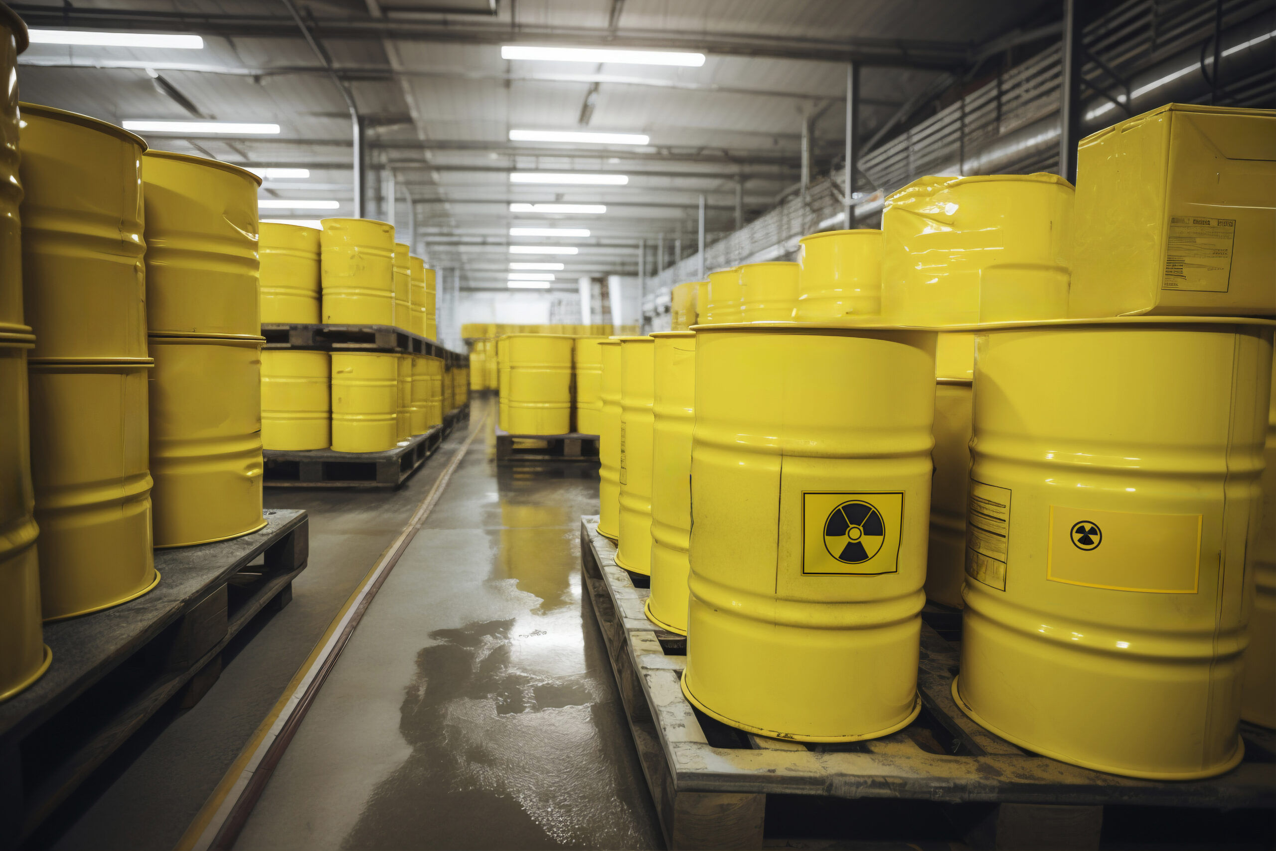 Worker in protective hazmat suit handling chemical materials safely in an industrial setting