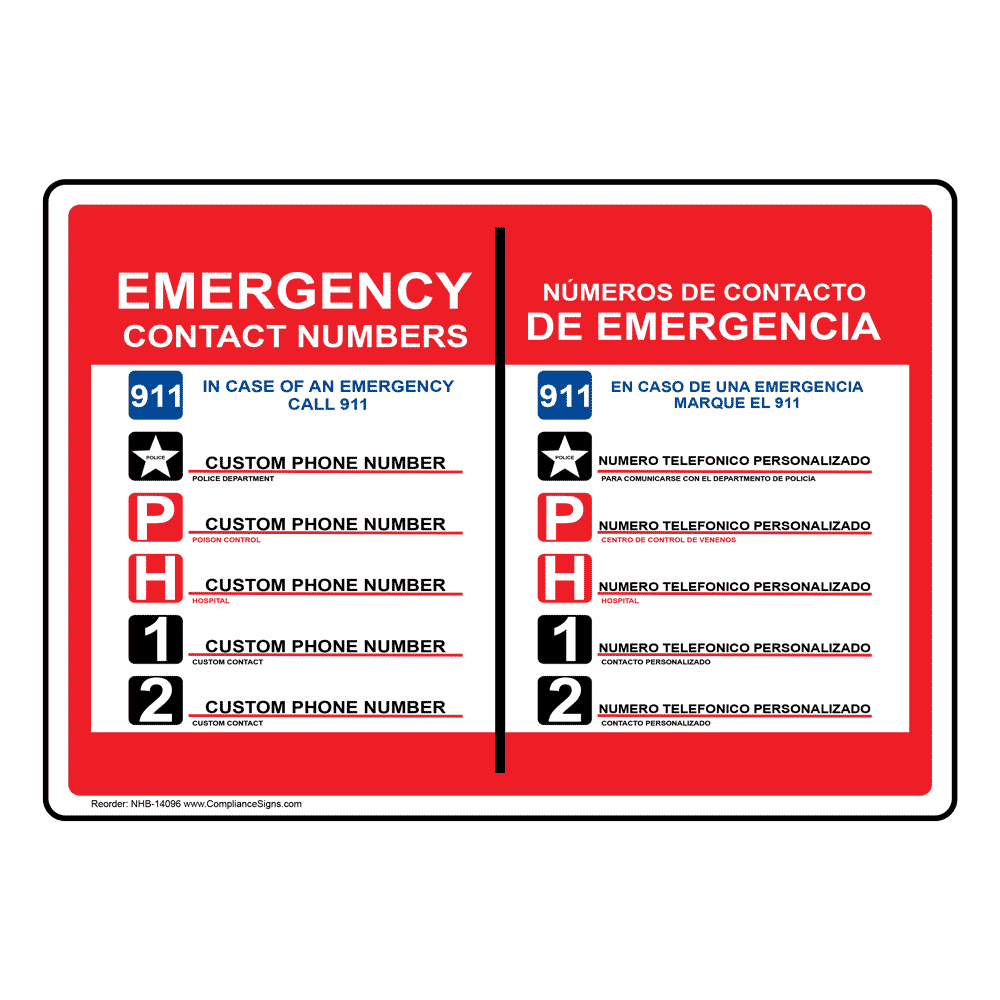 Emergency Contact Numbers 911 Bilingual Sign NHB-14096