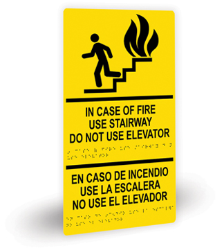 In Case of Fire Use Stairway Do Not Use Elevator Braille Sign