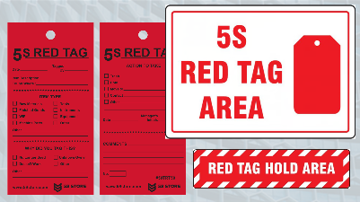5S Red Tags and Red Tag Area Signs 5S red tag, red tag area sign and red tag hold area floor sign for the 5S Sort process