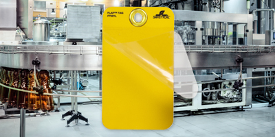 Yellow flap tag safety tag with clear protective flap