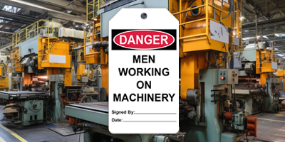 OSHA Danger men working on machinery safety tag