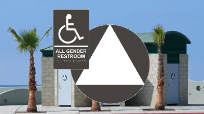CA Title 24 Unisex Restroom Signs CA Title 24 unisex restroom sign on outdoor bathroom