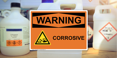 OSHA Warning Corrosive Sign and Chemical Bottles