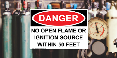 OSHA DANGER No Open Flame Sign and Chemical Cylinders