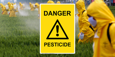 Yellow Danger Pesticide Sign and Workers Spraying Herbicide