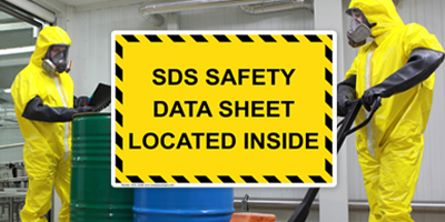 Yellow SDS Safety Data Sheet Located Inside Sign and Chemical Workers
