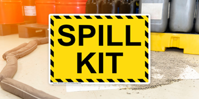 Yellow Spill Kit Sign and Spilled Liquid