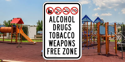 Alcohol Drugs Tobacco Weapons Free Zone Sign