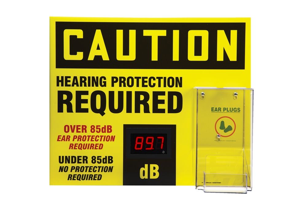 20 x 24 Caution Decibel Meter Sign - Ear Protection Required with Ear Plug Dispenser