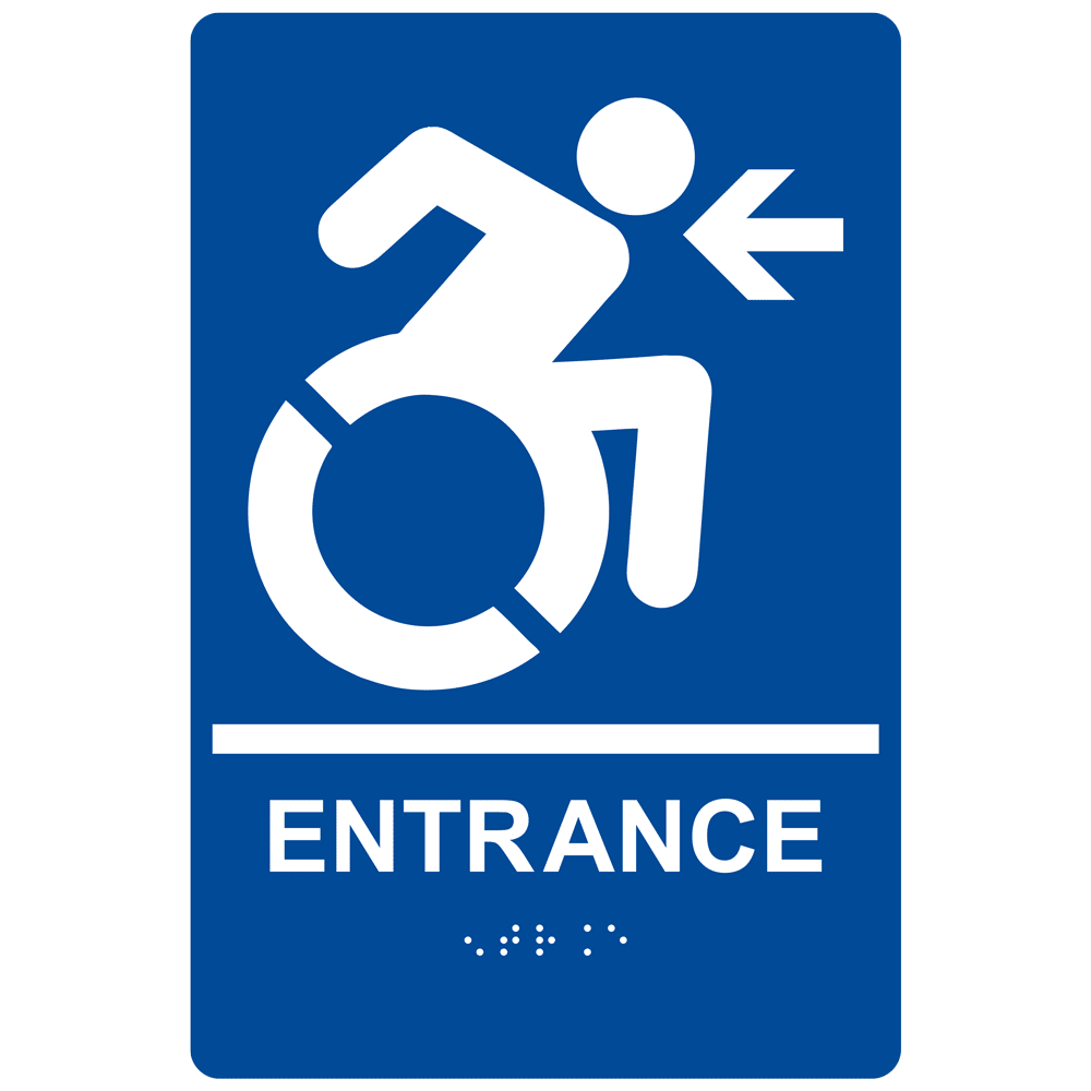 Blue Braille ENTRANCE Left Sign with Dynamic Accessibility Symbol RRE-185R_White_on_Blue
