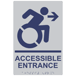 Portrait Accessible Entrance Right Braille Sign With Dynamic Accessibility Symbol RRE-32159R_MRNBLUonSLVR