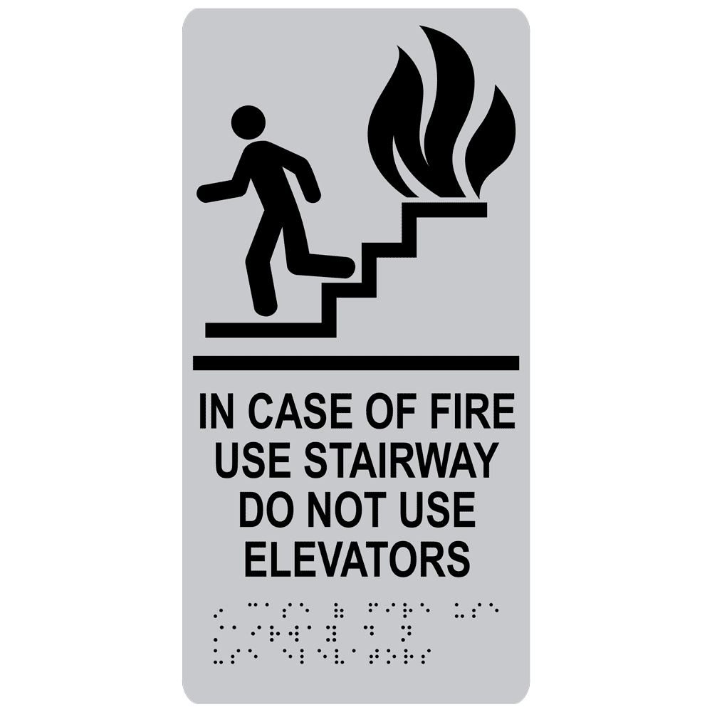 Silver ADA Braille IN CASE OF FIRE USE STAIRWAY DO NOT USE ELEVATORS Sign with Symbol RRE-230_Black_on_Silver