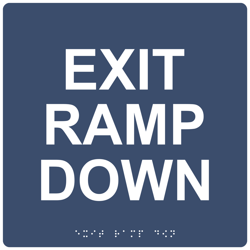 Navy 9-Inch Square ADA Braille EXIT RAMP DOWN Sign RRE-14794-99_White_on_Navy