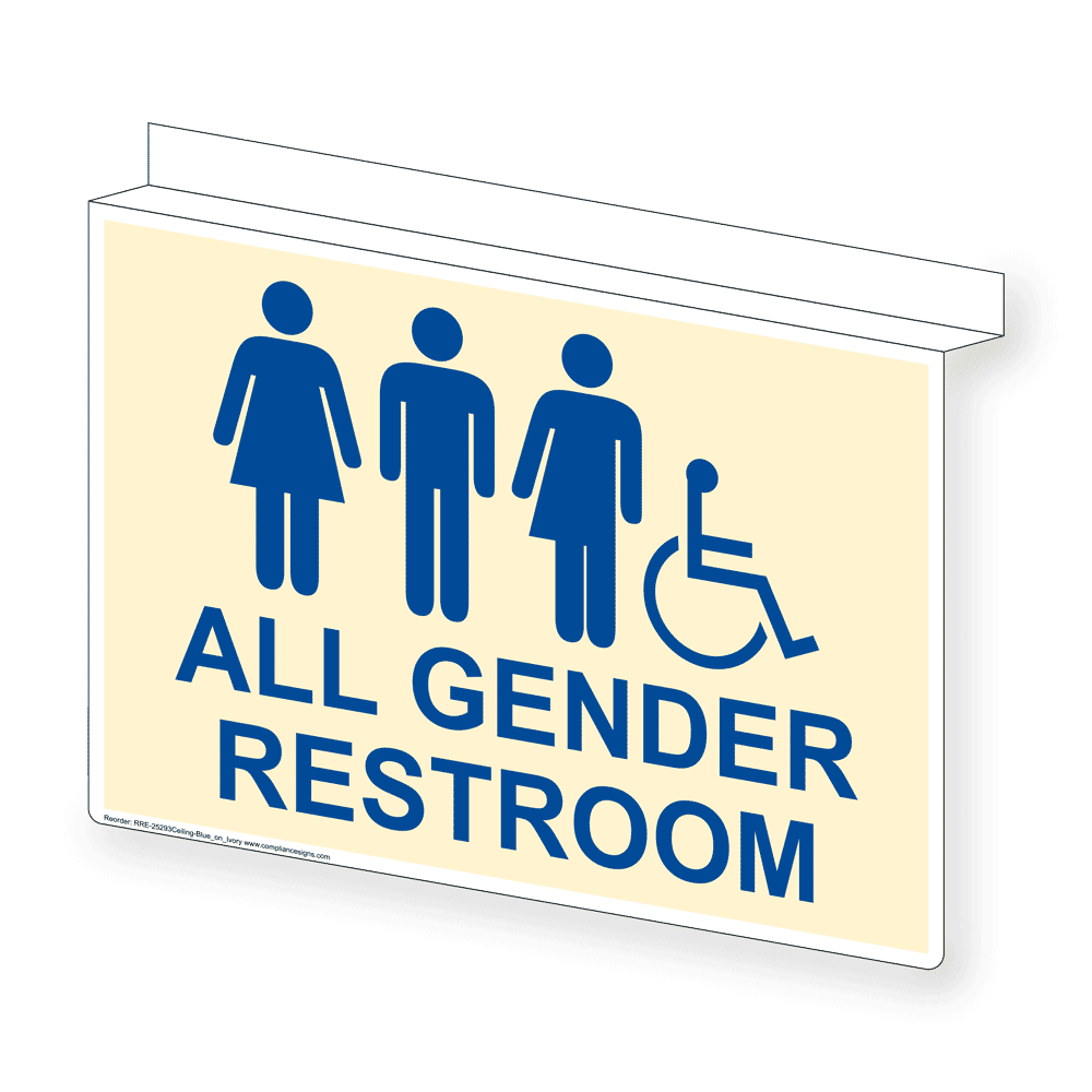 Ivory Ceiling-Mount Accessible ALL GENDER RESTROOM Sign RRE-25293Ceiling-Blue_on_Ivory