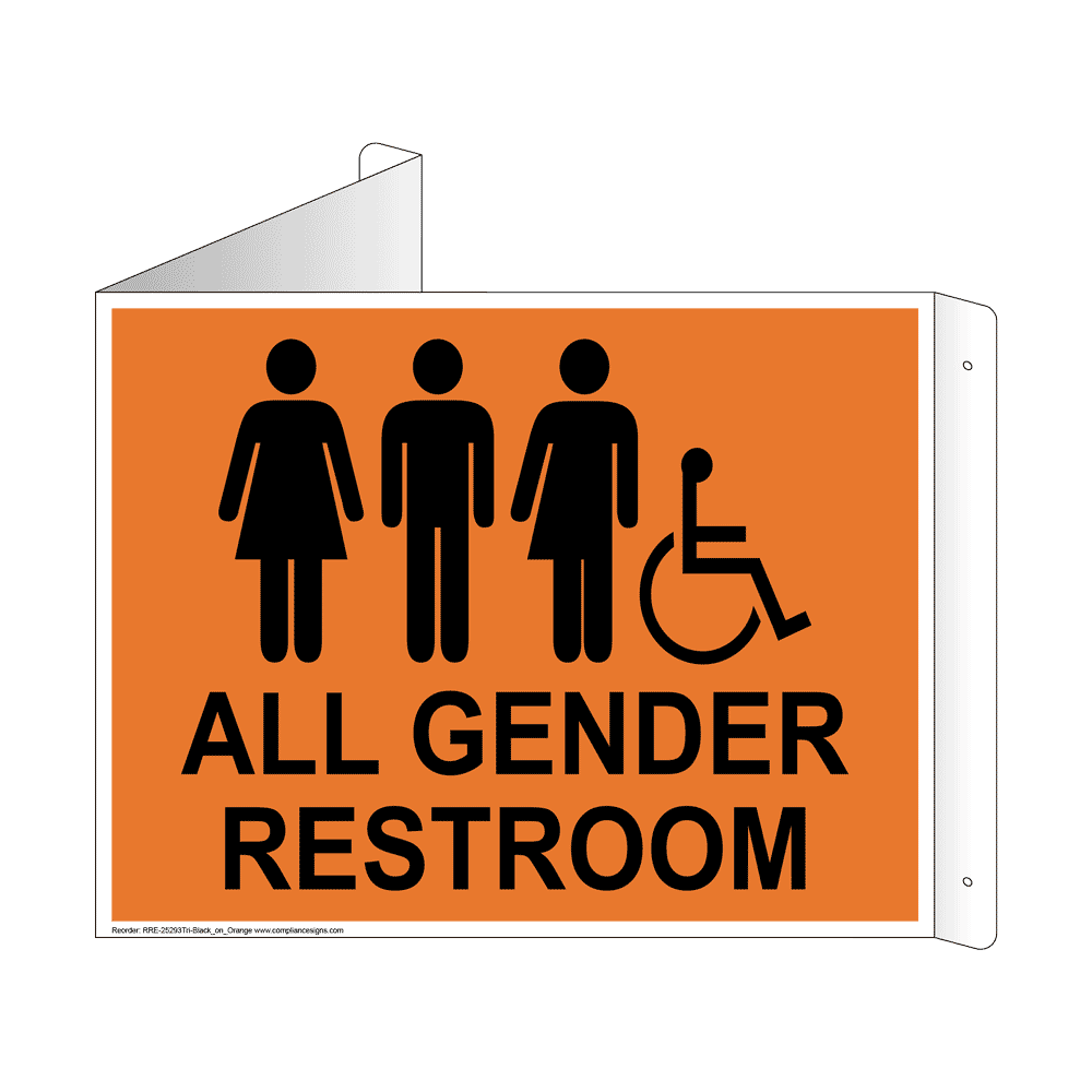 All Gender Restroom Sign With Symbol RRE25293TriBLKonORNG Restrooms
