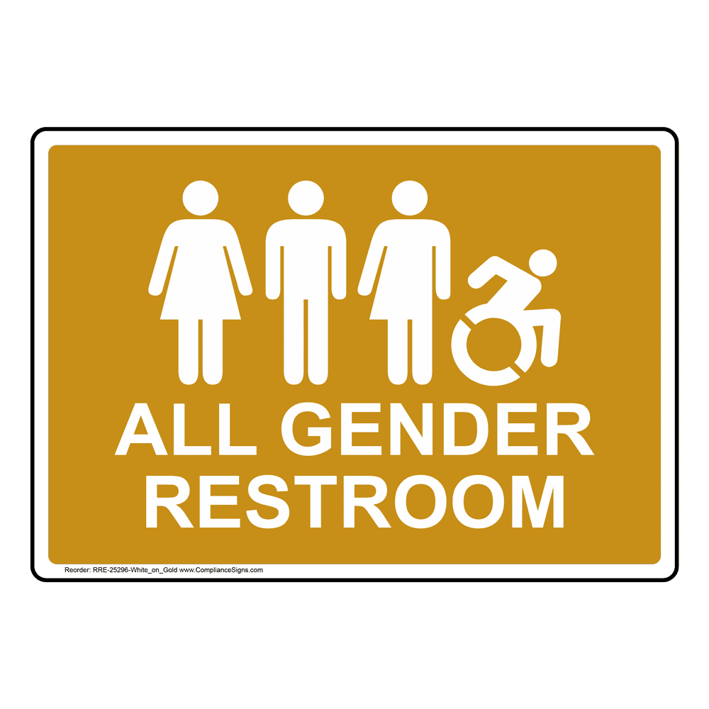 Gold ALL GENDER RESTROOM Sign with Dynamic Accessibility Symbol RRE-25296-White_on_Gold
