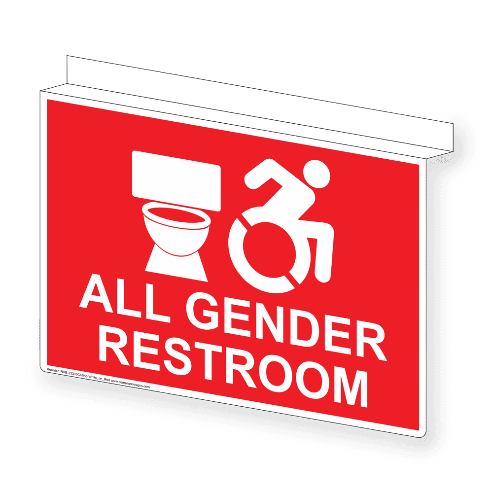 Red Ceiling-Mount ALL GENDER RESTROOM Sign With Dynamic Accesibility SymbolRRE-25305Ceiling-White_on_Red