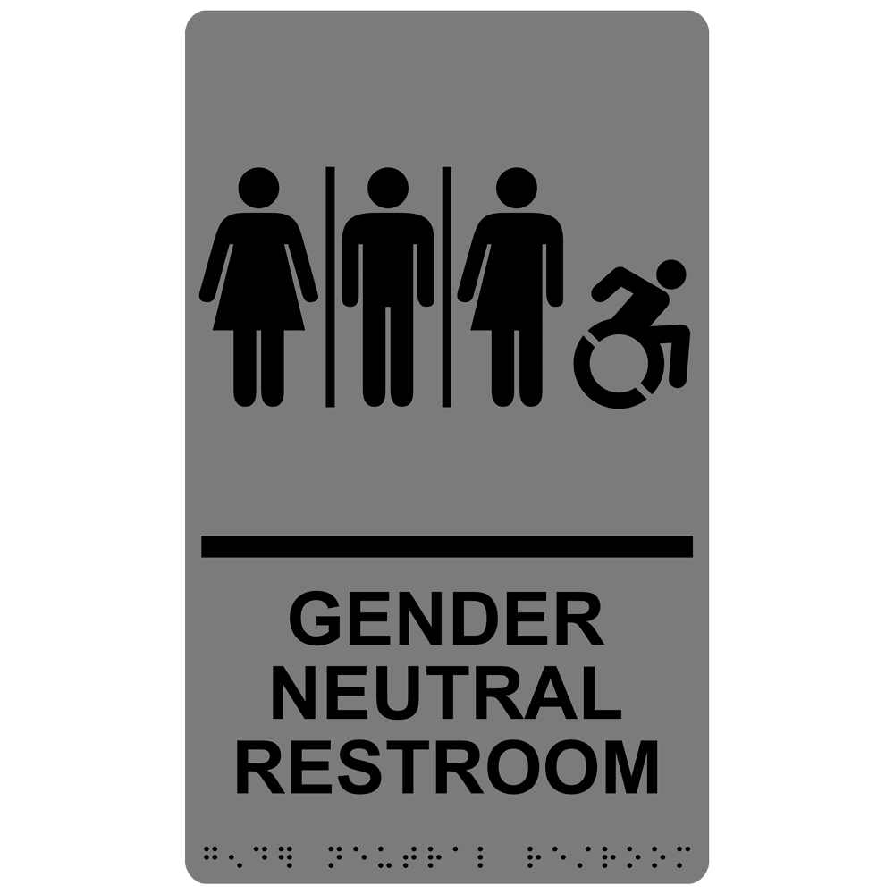 Gray Gender Neutral Restroom Braille Sign With Dynamic Accessibility Symbol RRE25443R_BLKonGray