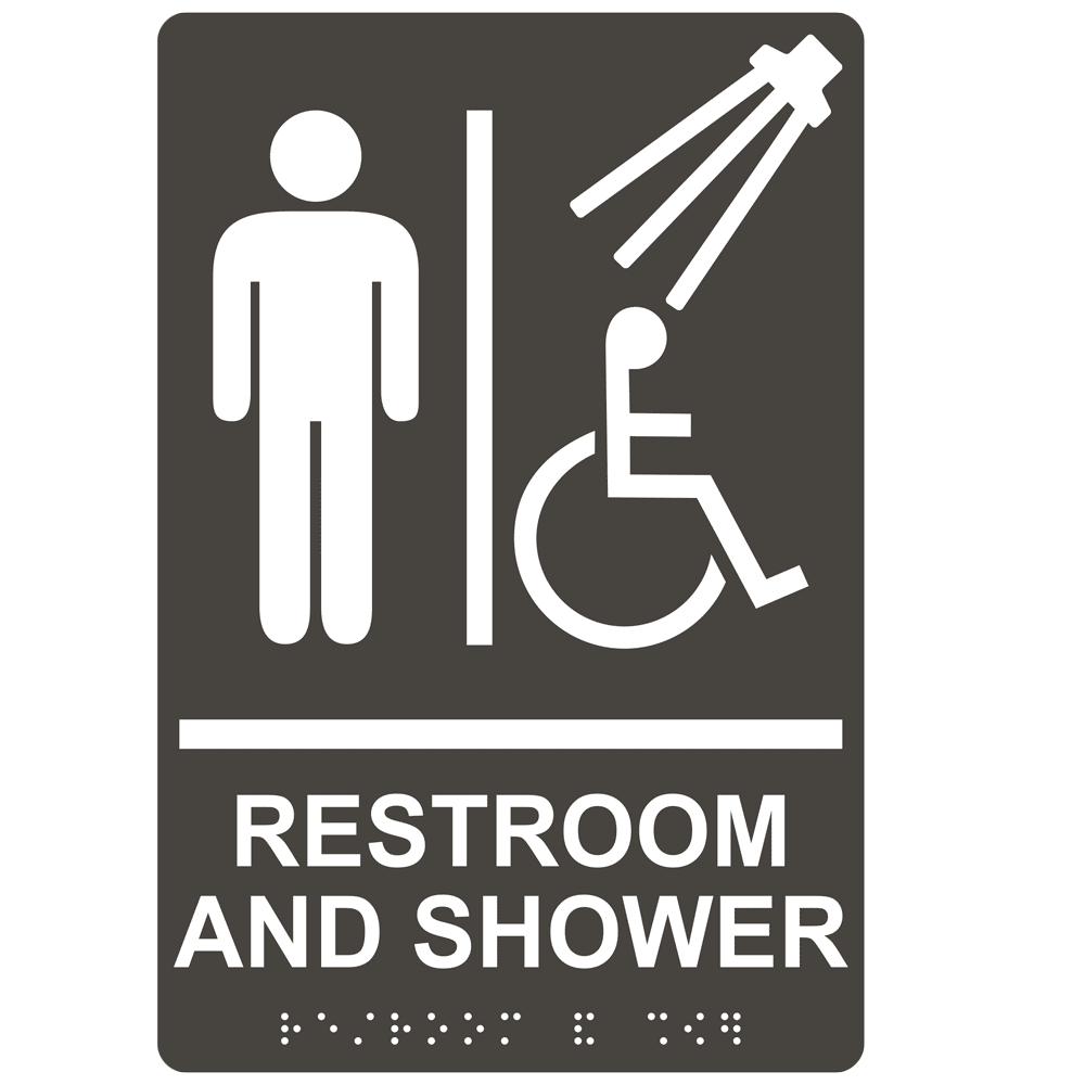 Charcoal Gray ADA Braille Accessible Men's RESTROOM AND SHOWER Sign with Symbol RRE-14822_White_on_CharcoalGray