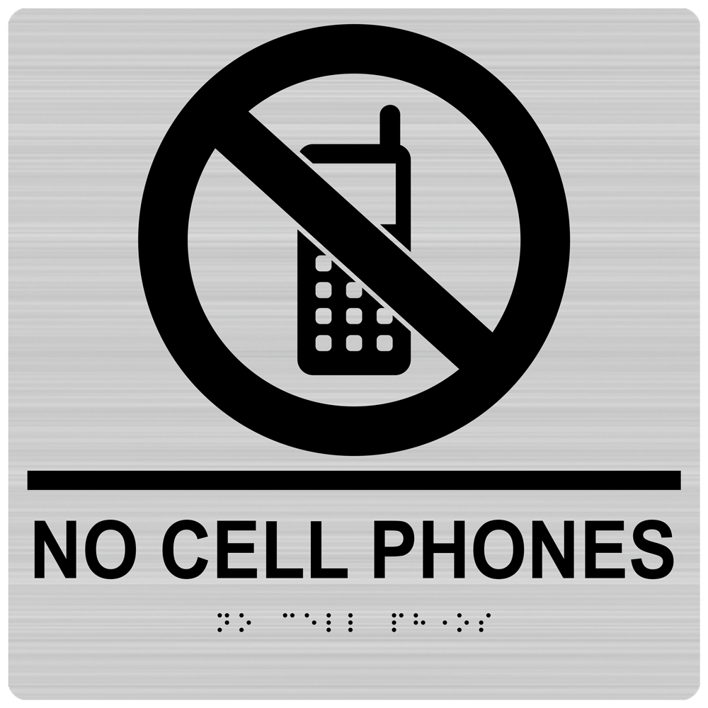 Square Brushed Silver ADA Braille NO CELL PHONES Sign RRE-14810-99_Black_on_BrushedSilver