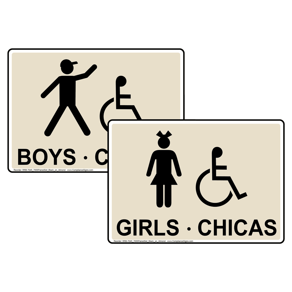 Almond Accessible GIRLS CHICAS + BOYS CHICOS Sign Set With Symbols RRB-7045_7055PairedSet_Black_on_Almond