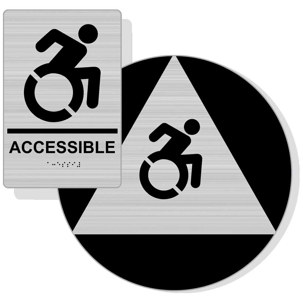 Brushed Silver Braille ACCESSIBLE Unisex Restroom Sign Set with Dynamic Accessibiity Symbol RRE-190R_DCTS_Set_Black_on_BrushedSilver