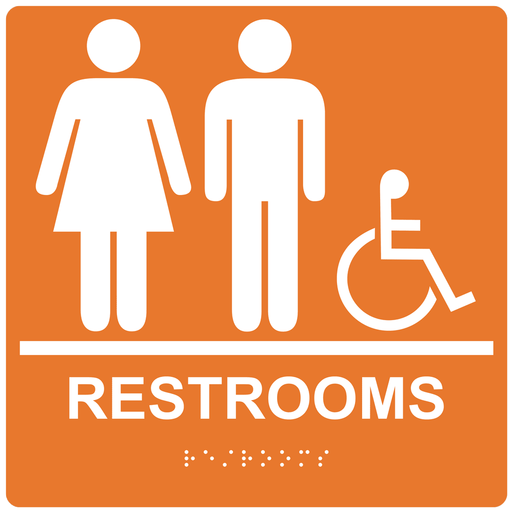 ADA Restrooms With Symbol Braille Sign RRE11599_WHTonORNG Restrooms