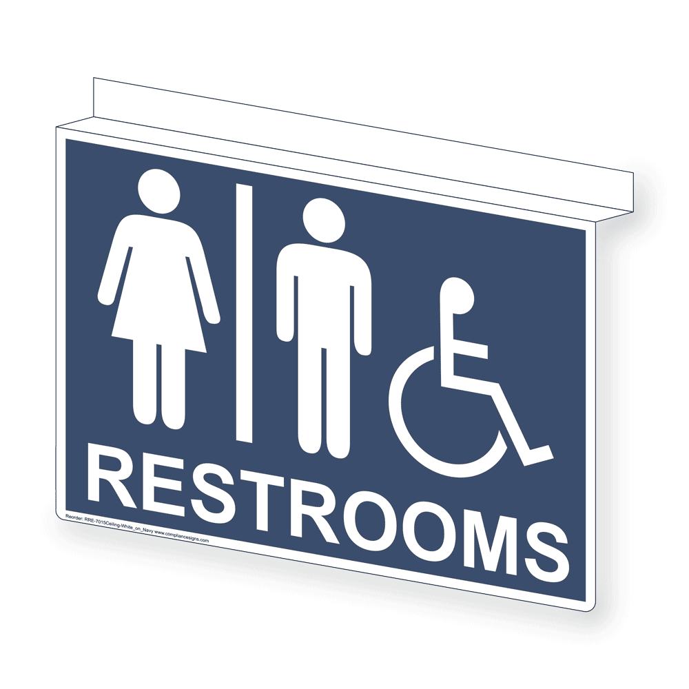 Navy Ceiling-Mount Accessible RESTROOMS Sign With Symbol RRE-7015Ceiling-White_on_Navy
