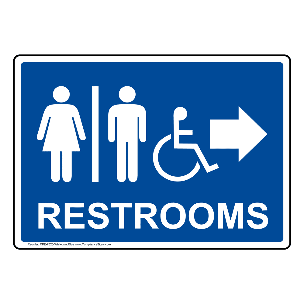 Restrooms White on Blue Sign With Symbol RRE7020WHTonBLU Restrooms