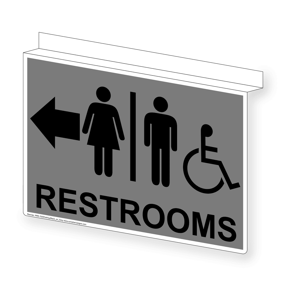 Gray Ceiling-Mount Accessible RESTROOMS Left Sign With Symbol RRE-7025Ceiling-Black_on_Gray