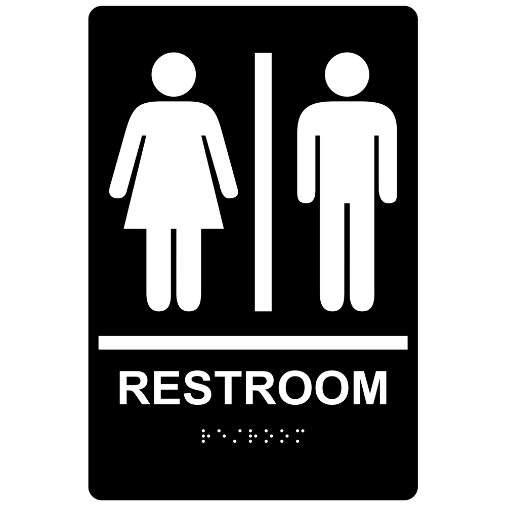 Black ADA Braille Unisex RESTROOM Sign With Symbol RRE-110_White_on_Black