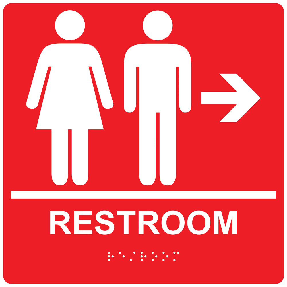 ADA Restroom With Symbol Braille Sign RRE1481799_WHTonRed