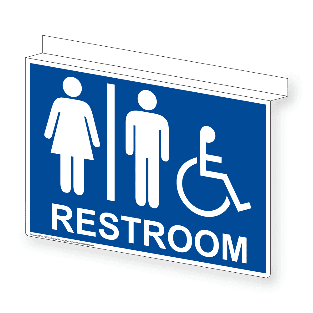 Blue Ceiling-Mount Accessible Unisex RESTROOM Sign With Symbol RRE-7030Ceiling-White_on_Blue