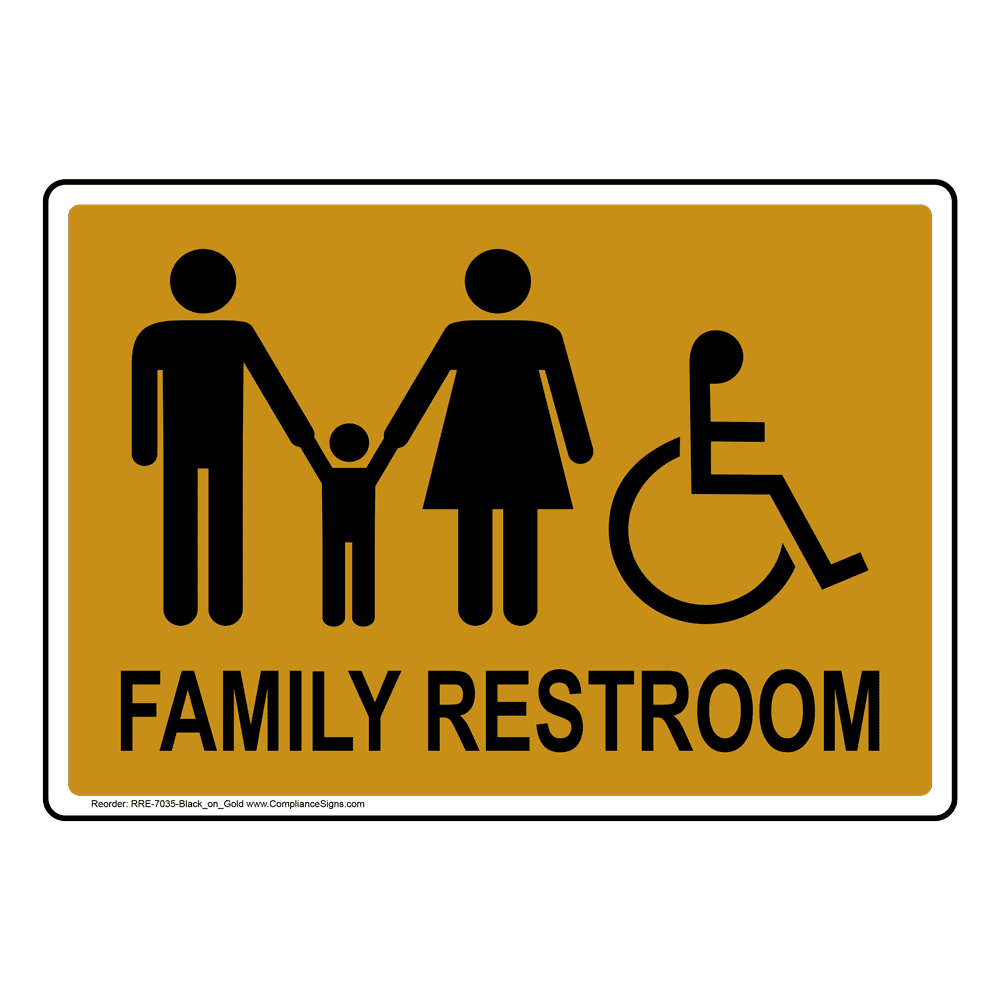 Family Restroom Black on Gold Sign With Symbol RRE7035BLKonGLD Restrooms
