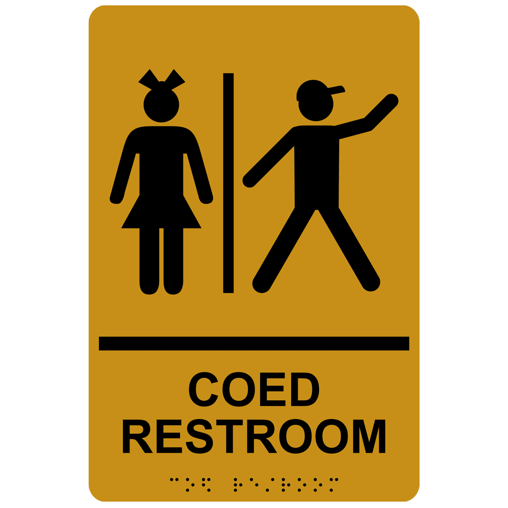 Portrait ADA Coed Restroom Braille Sign RRE-815_BLKonGLD Man And Woman Bathroom Symbol