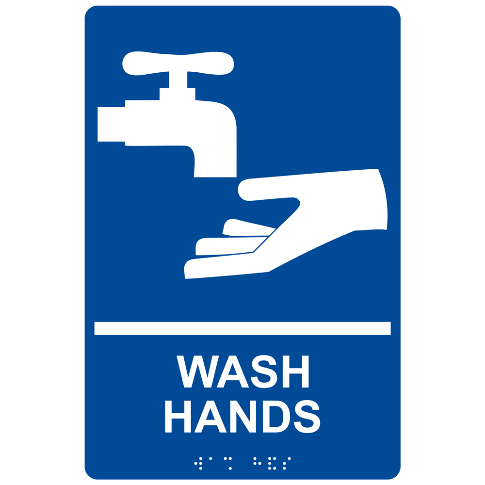ADA Wash Hands With Symbol Braille Sign RRE992_WHTonBLU Hand Washing