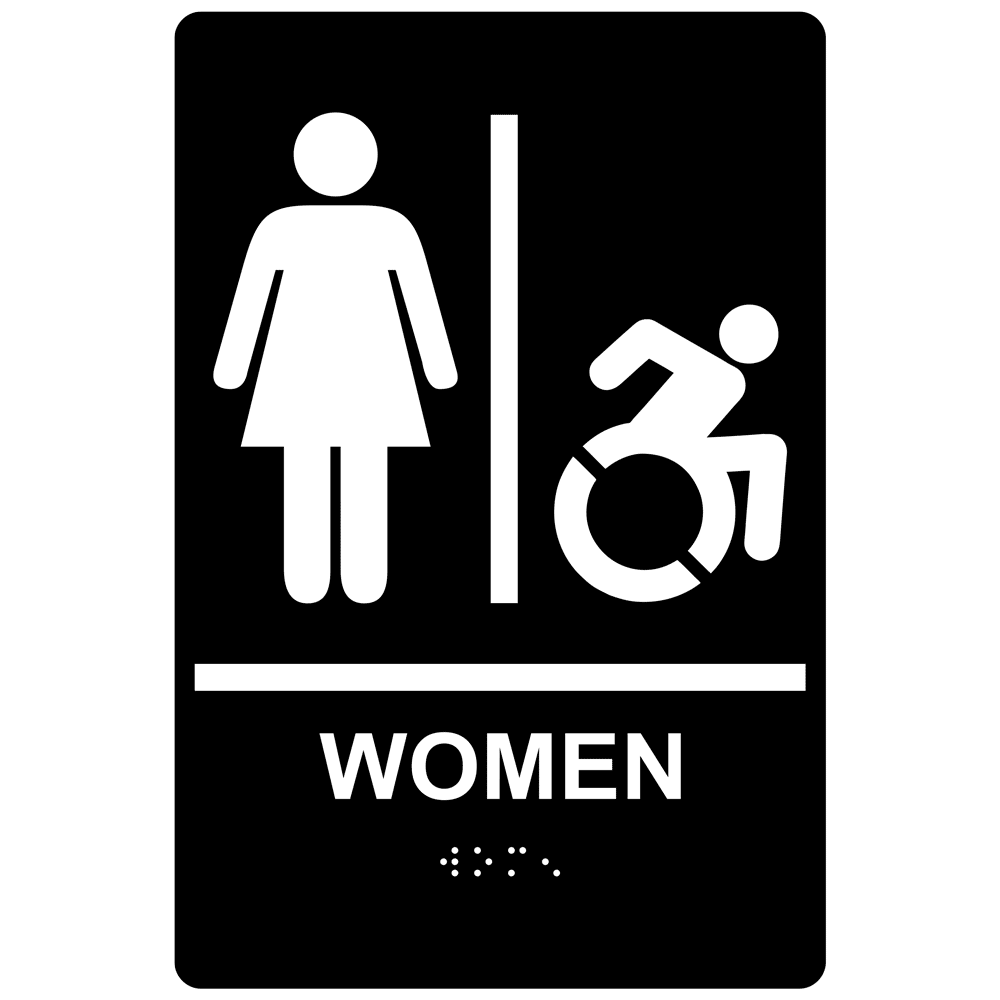 Women Braille Restroom Sign With Dynamic Accessibility Symbol RRE130R_WHTonBLK