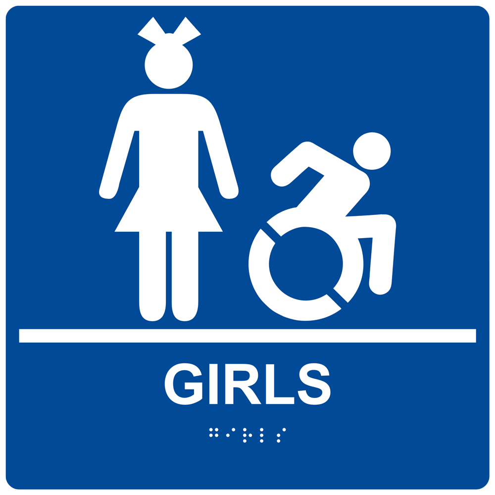 Square Blue Braille GIRLS Sign with Dynamic Accessibility Symbol - RRE-140R-99_White_on_Blue
