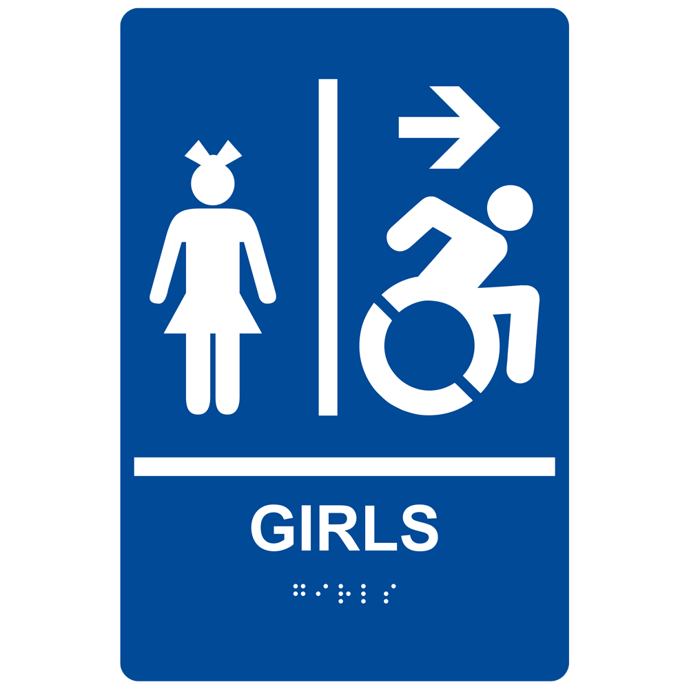 Girls Restroom Braille Sign With Dynamic Accessibility Symbol RRE