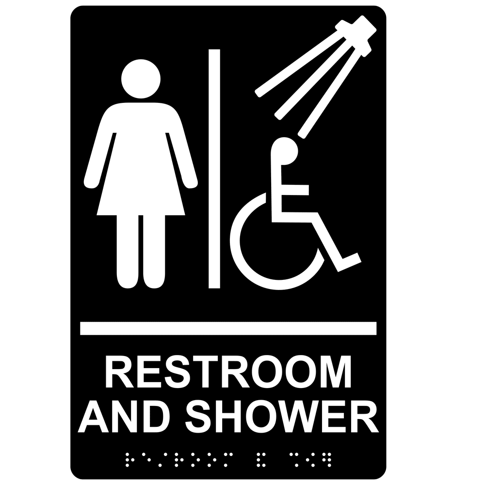 ADA Womens Restroom And Shower Braille Sign RRE14824_WHTonBLK