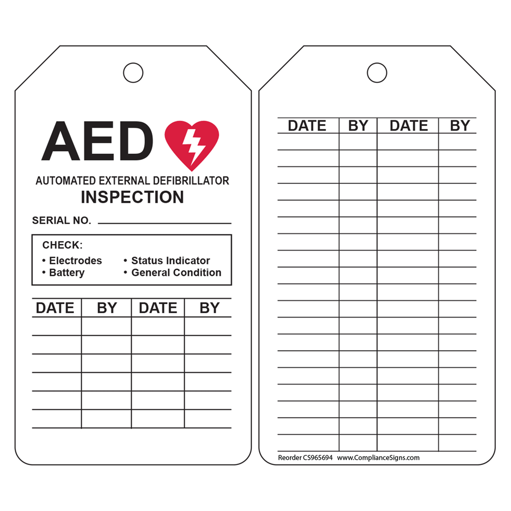 AED Automatic External Defibrillator Inspection Safety Tags