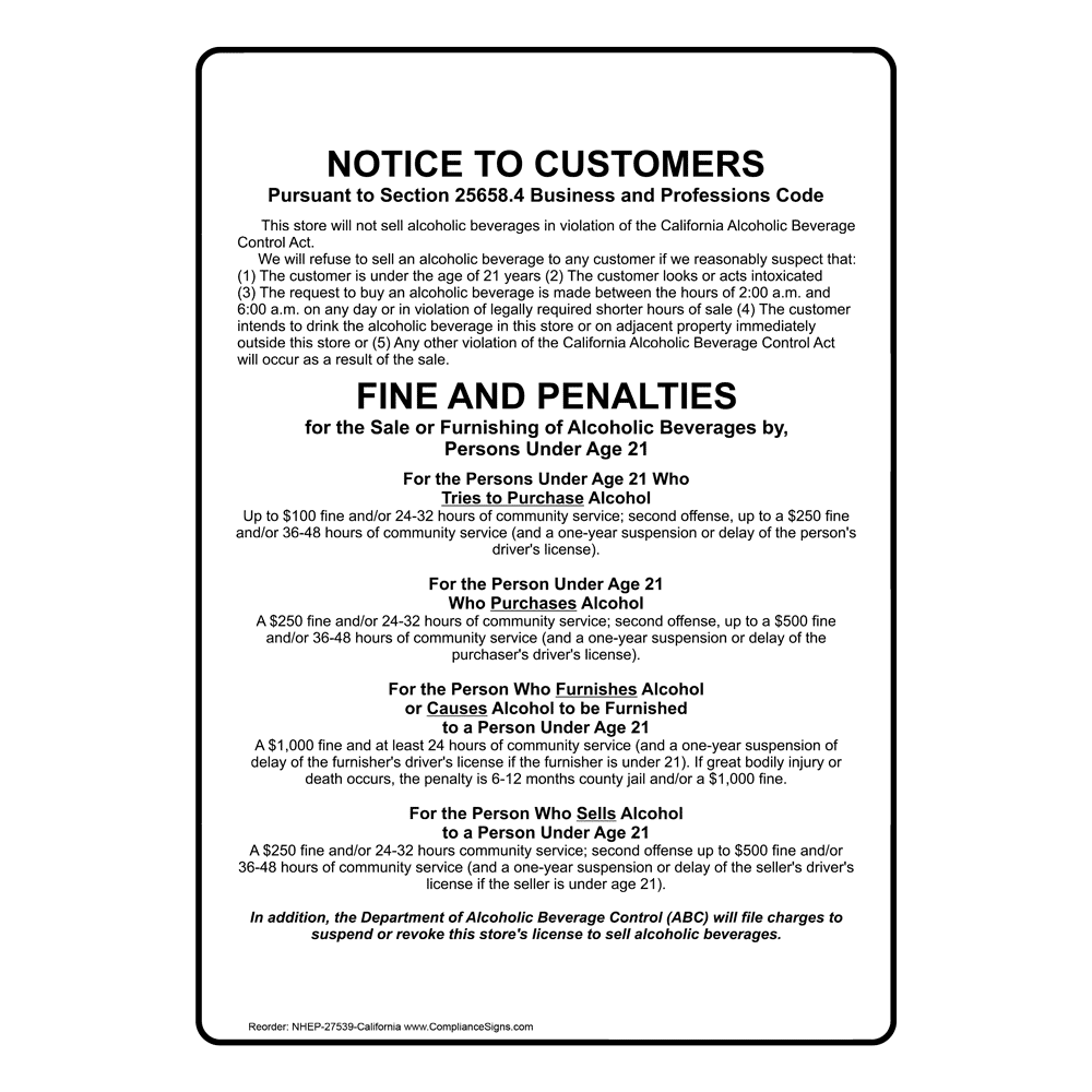 Portrait California Section 25658.4 Business and Professions Code Sign NHEP-27539-California