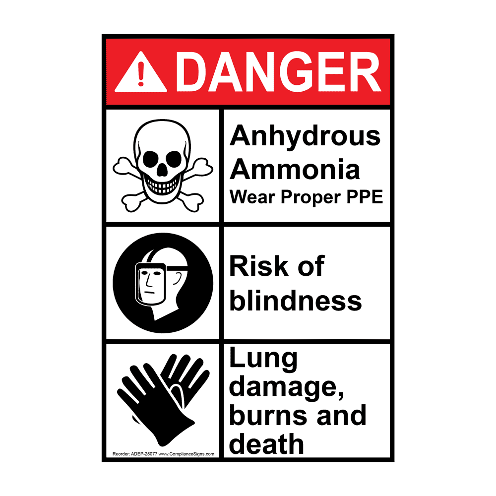 Portrait ANSI DANGER Anhydrous Ammonia Wear Proper PPE Sign with Symbol ADEP-28077